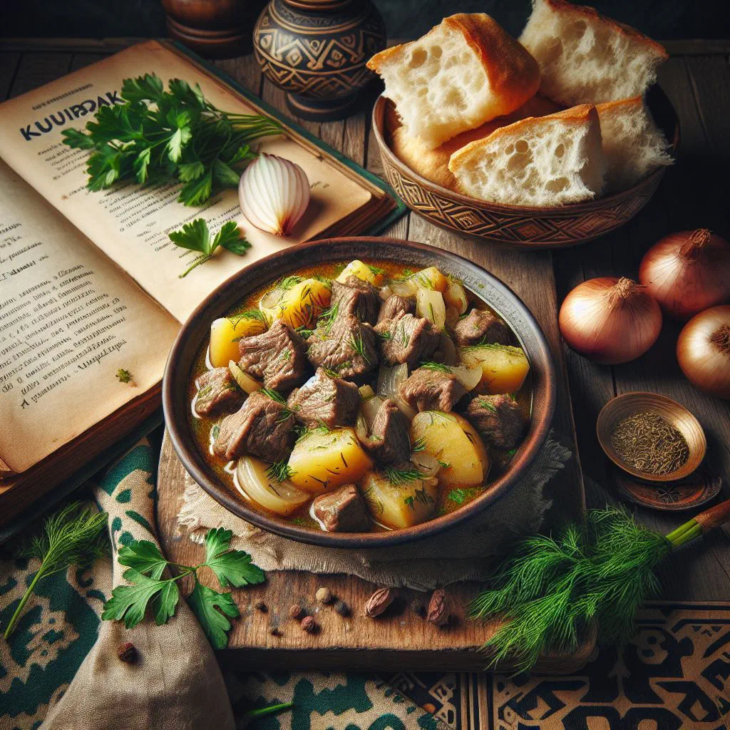Kuurdak with tender meat, potatoes and onions in a rustic bowl