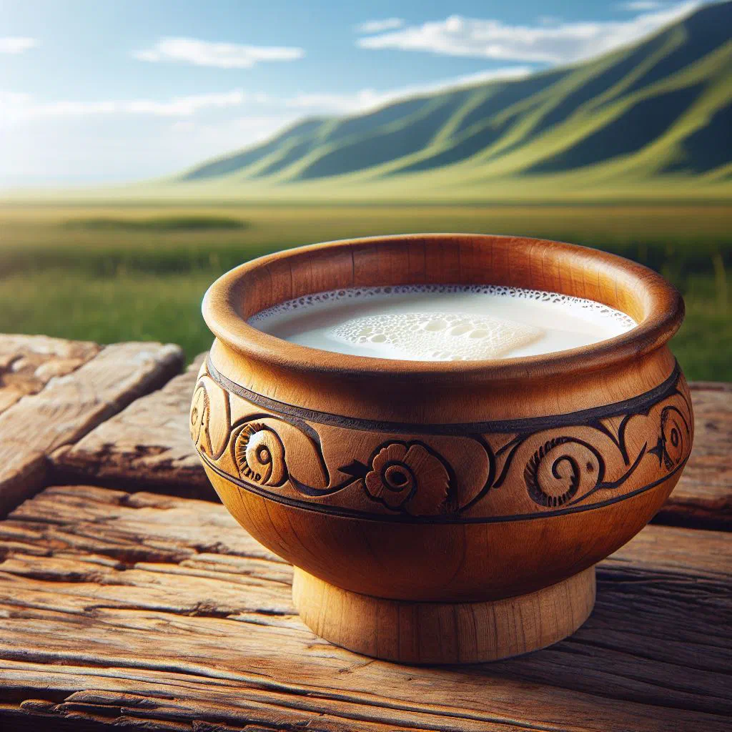 A bowl of freshly fermented kymyz, a traditional Kazakh mare's milk drink