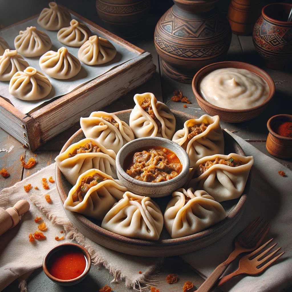 Steamed manty dumplings served with sour cream on a plate