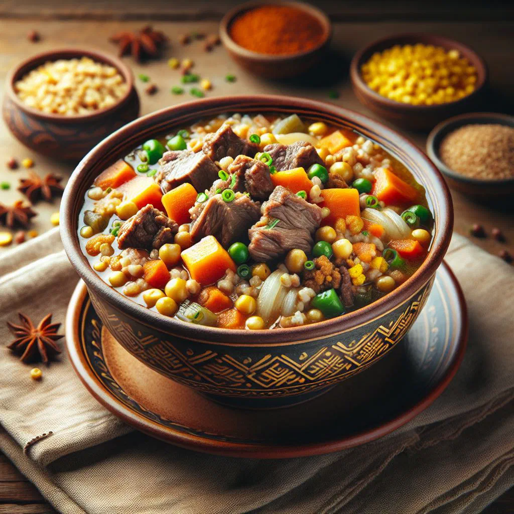 A bowl of Nauryz Kozhe soup with meat, grains and fresh herbs