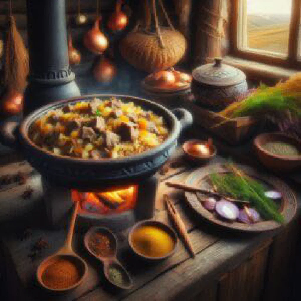 Kazakh palau with rice, tender meat and carrots on a serving platter