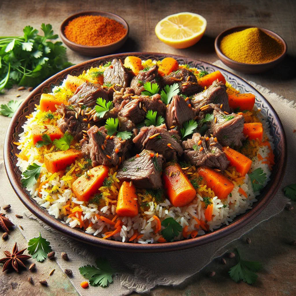 Kazakh plov with rice, tender meat and carrot strips in a bowl