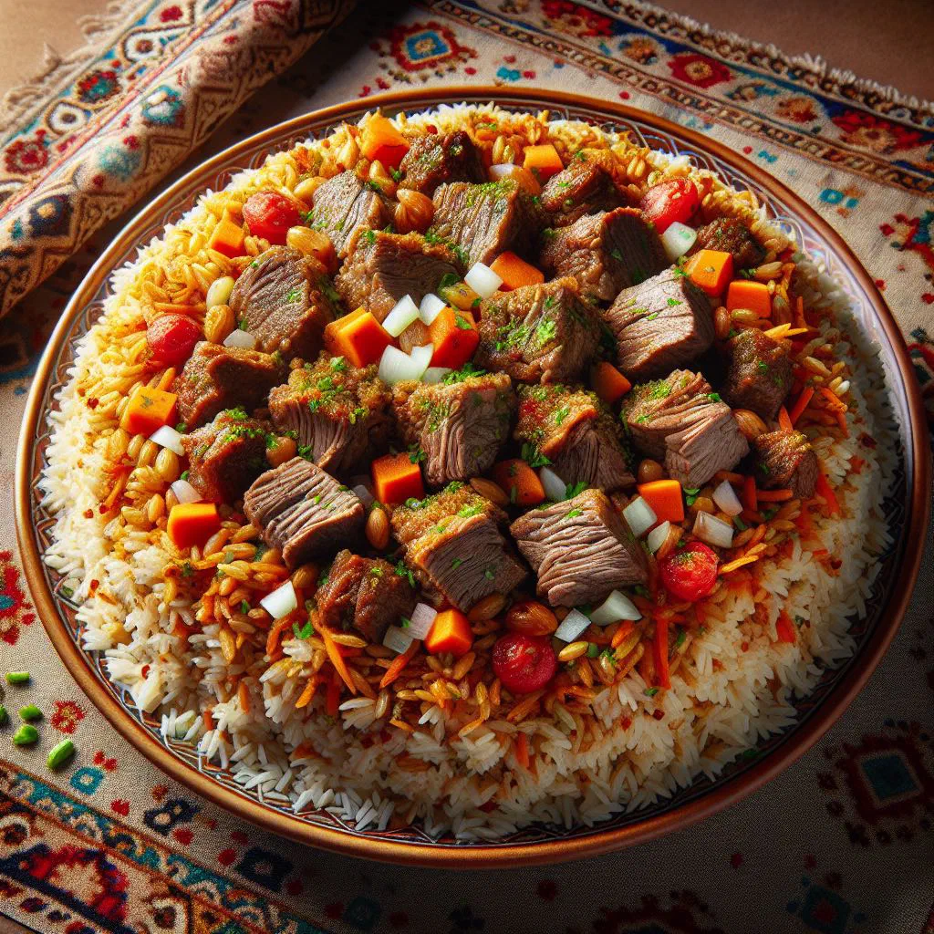 Samarkand plov with tender meat, carrots and fluffy rice in a bowl