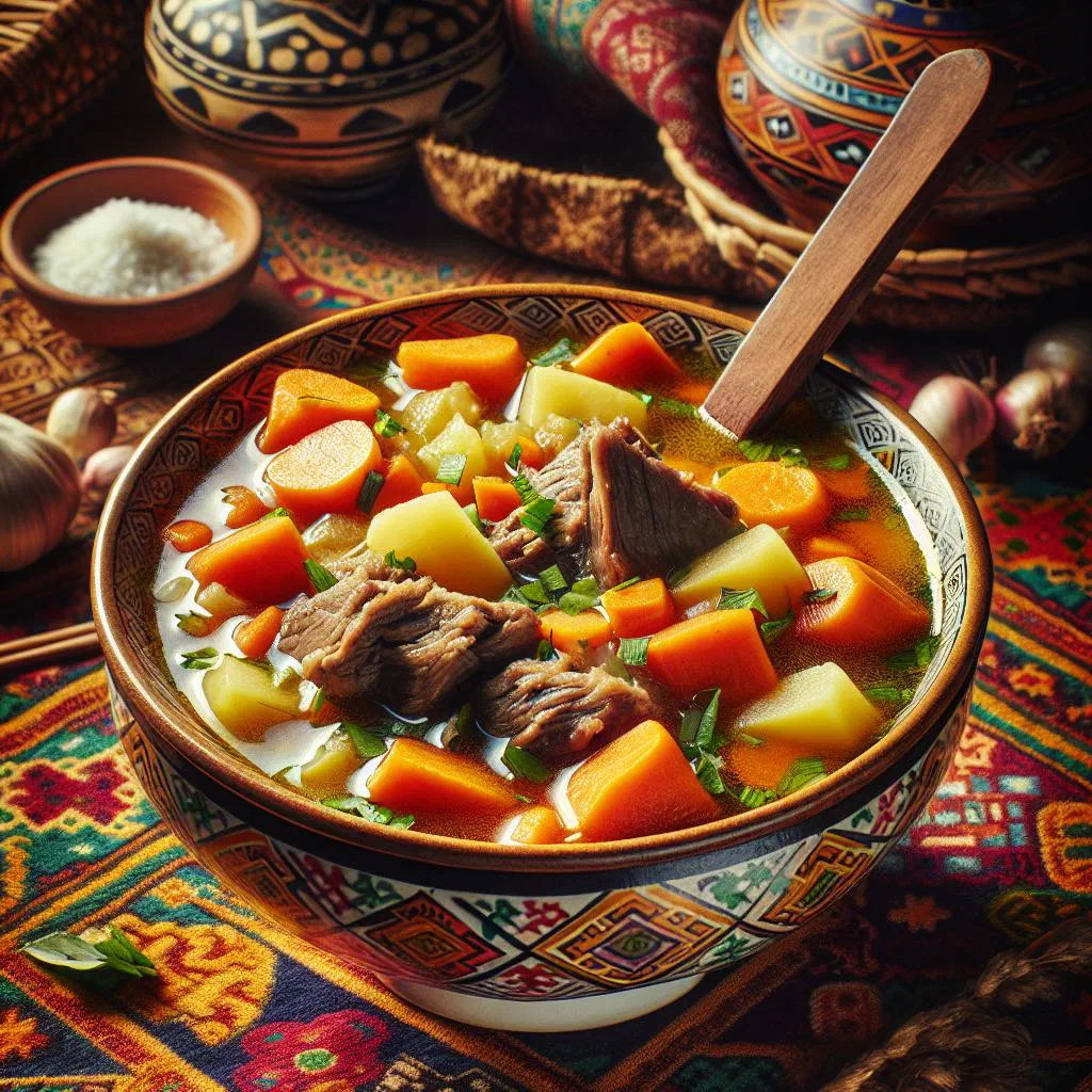 A steaming bowl of Shorpa with tender meat, vegetables and fresh herbs