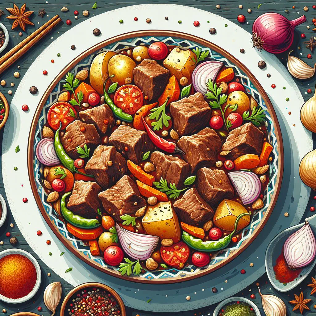 Braised Kazakh talgar with tender meat and fresh parsley in a bowl