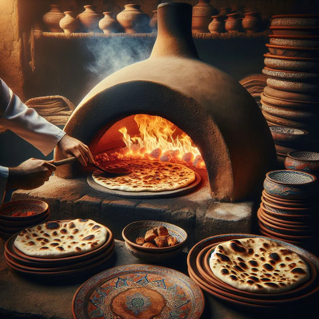 Golden round tandoor naan flatbread sprinkled with sesame seeds