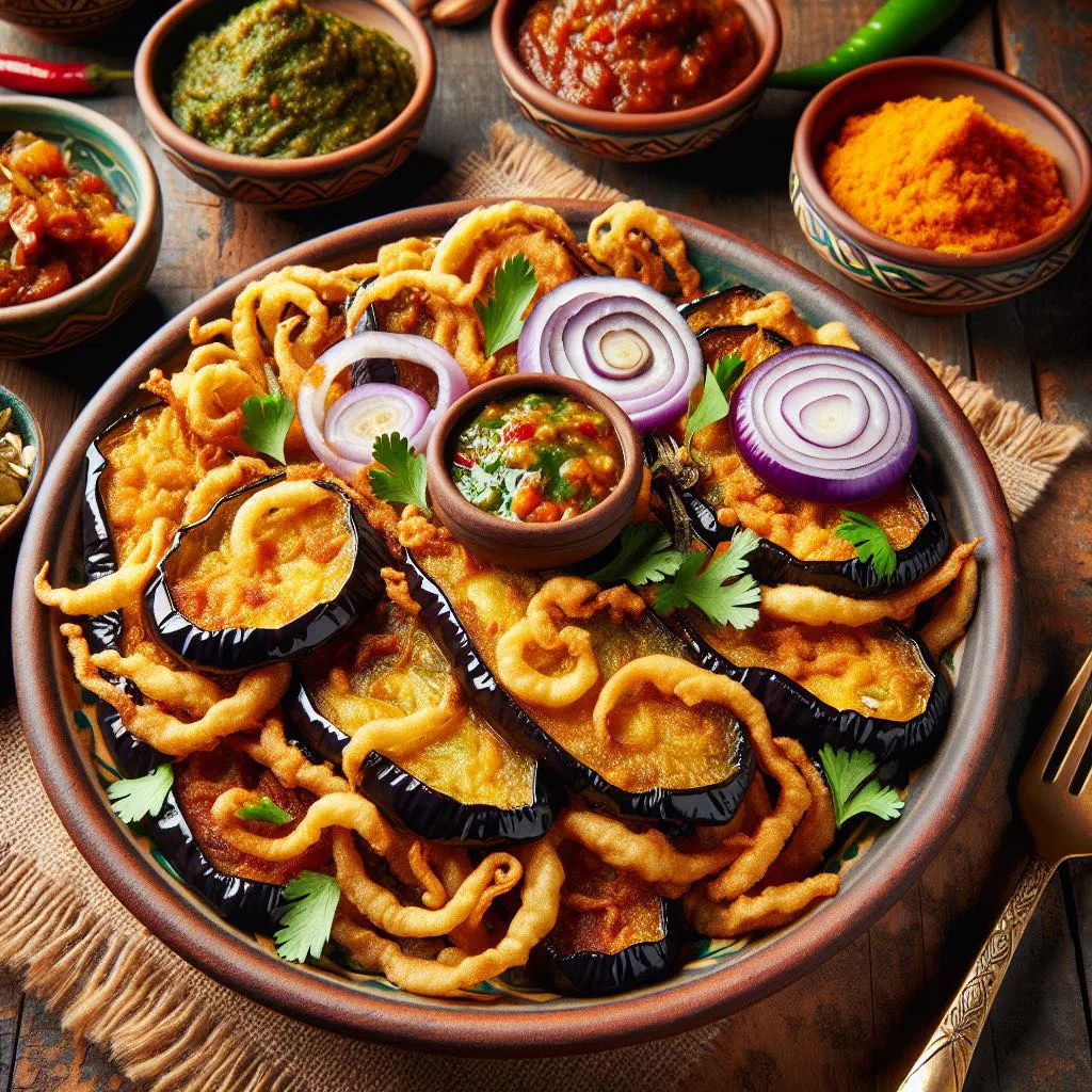 Golden crisp bajia fritters piled on a plate with fresh coriander