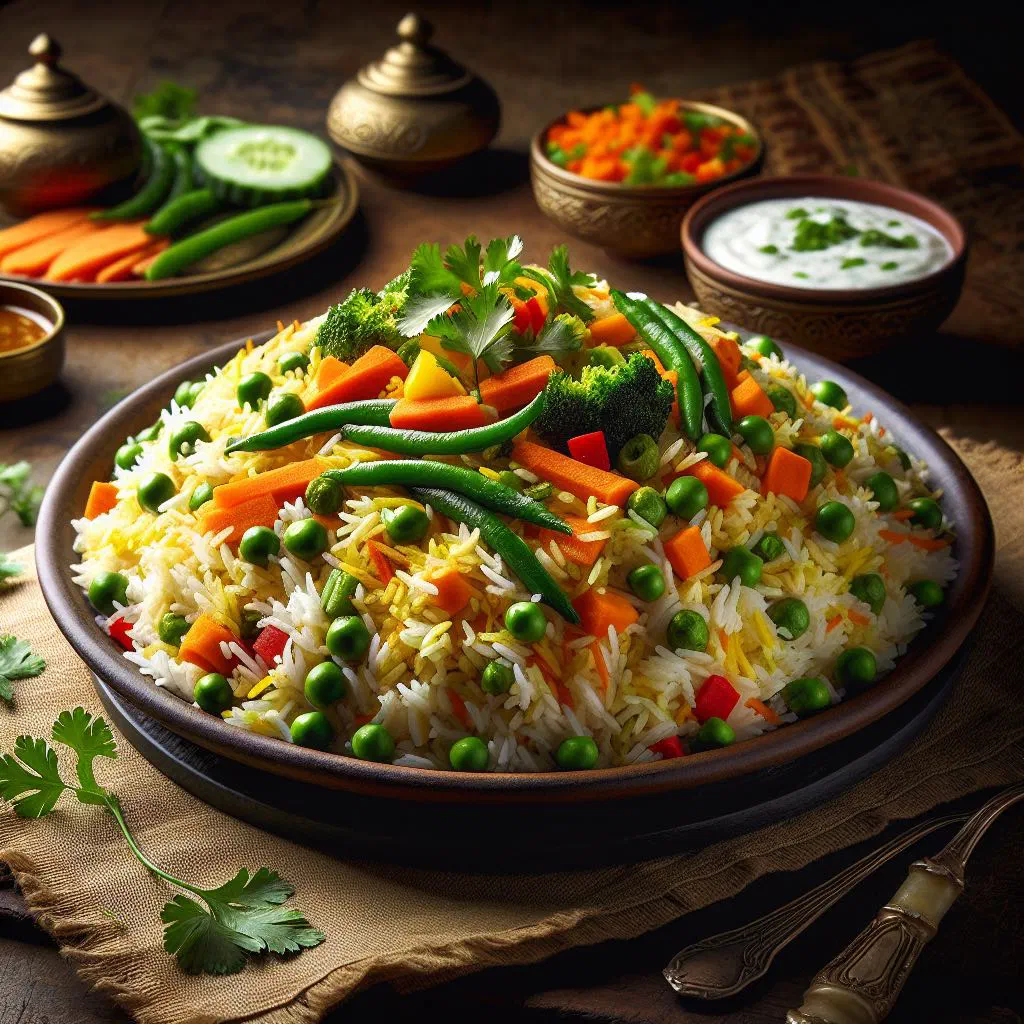 Spiced vegetable biriani with basmati rice, carrots and peppers in a bowl