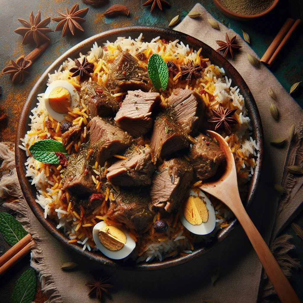 Fragrant Kenyan biriani ya nyama with spiced beef and basmati rice, garnished with coriander