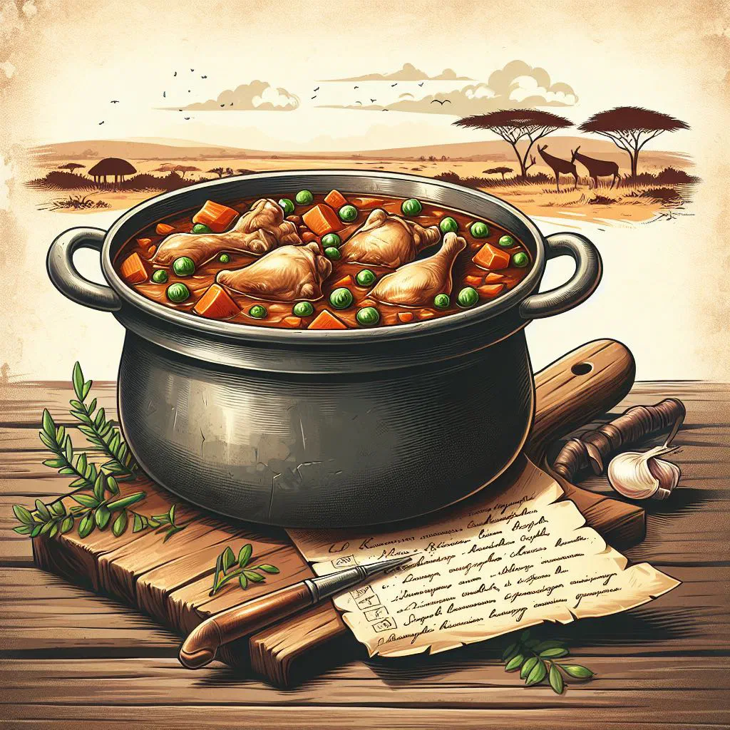 Kenyan chicken stew with vegetables in a tomato broth, garnished with fresh coriander