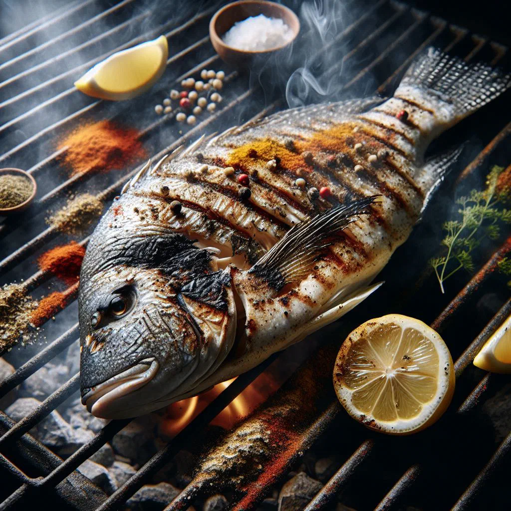 Grilled tilapia fillets garnished with fresh herbs and lemon slices