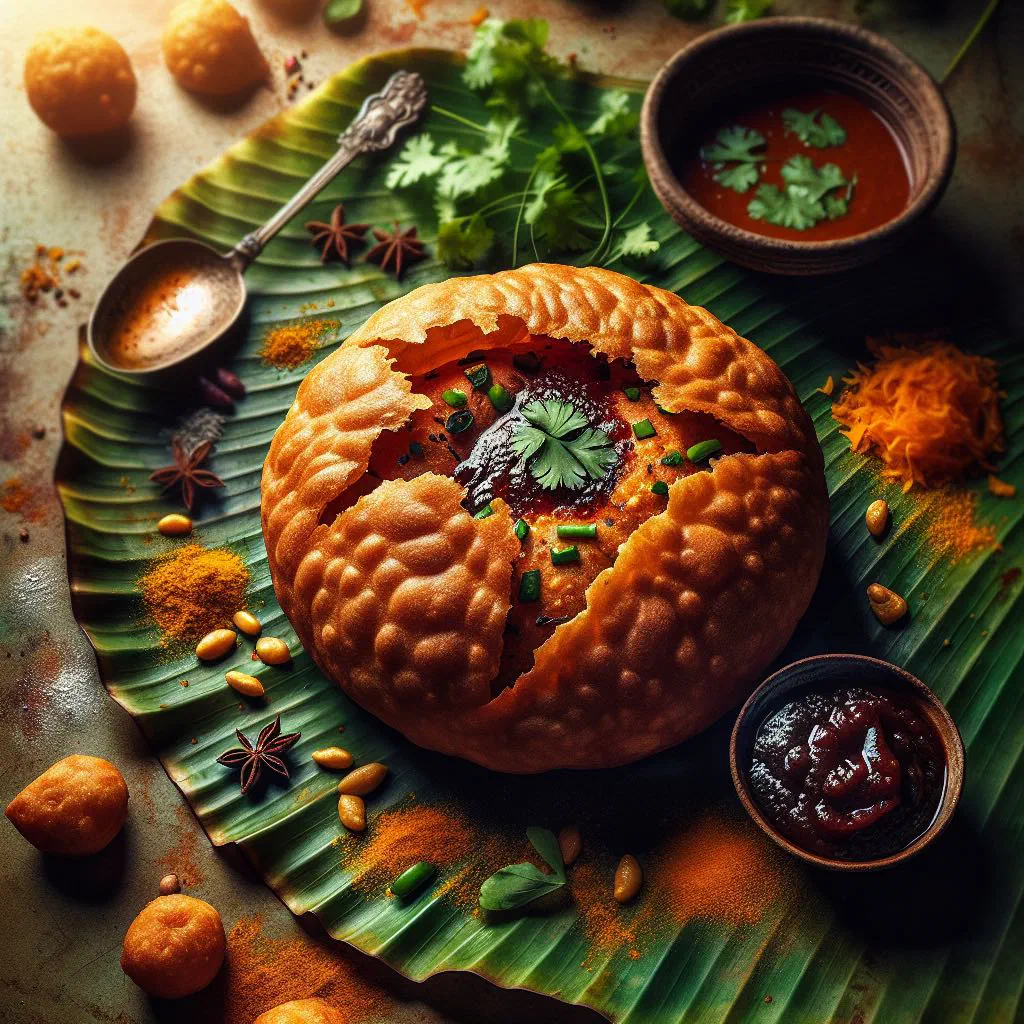 Golden deep-fried kachori pastries with fresh coriander and dipping sauce