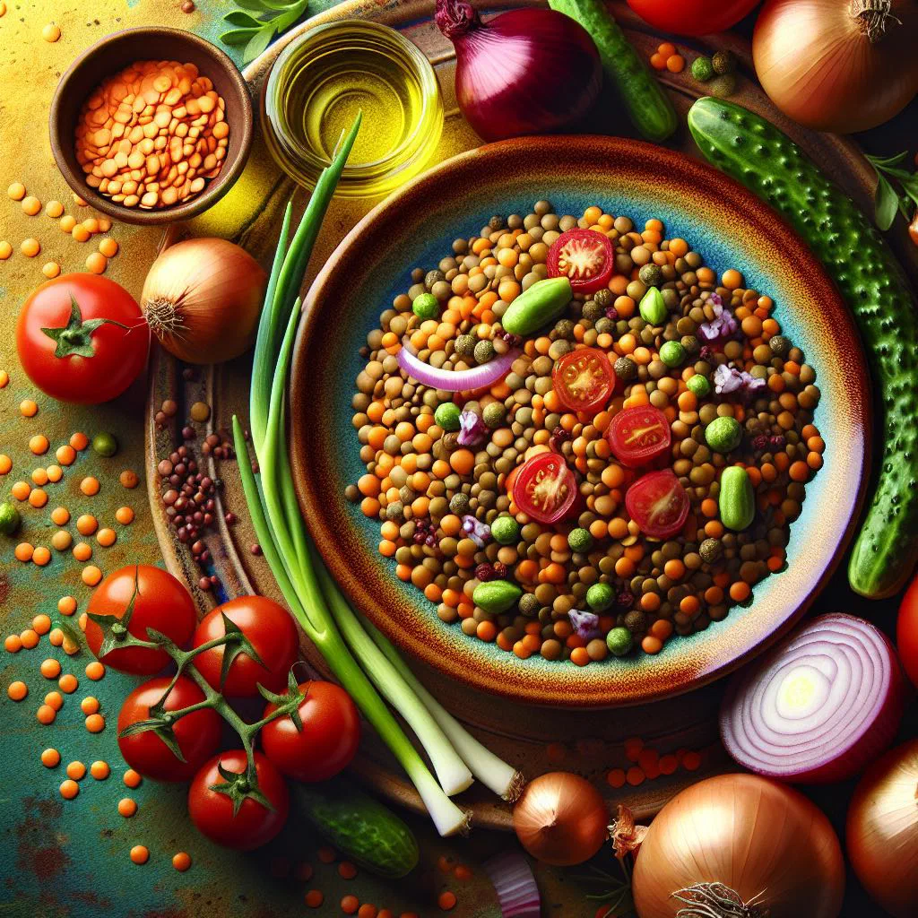 Colourful Kenyan lentil salad with tomato, pepper and fresh parsley