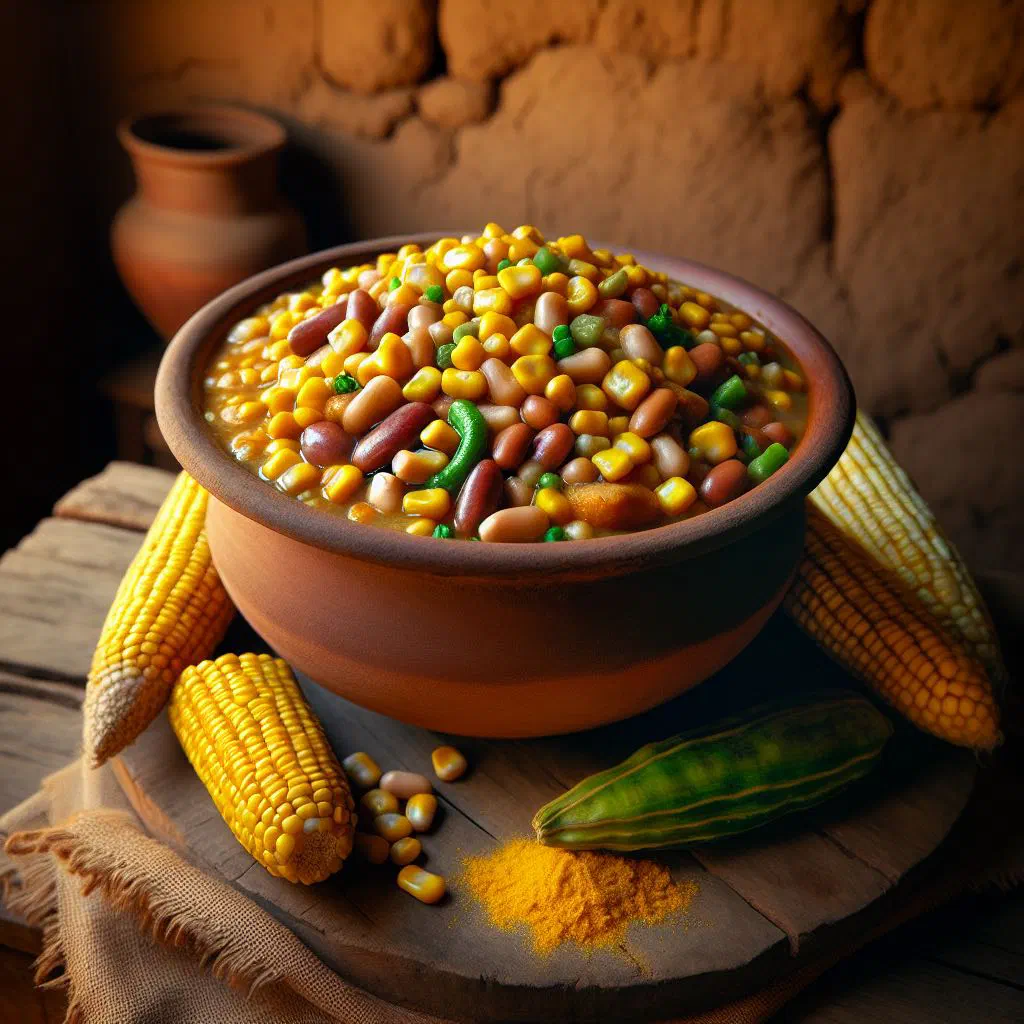 Bowl of Kenyan makande with beans and maize, garnished with fresh herbs