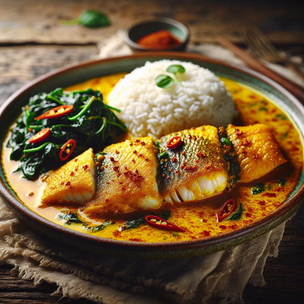 Kenyan fish curry in a rich tomato sauce, garnished with fresh coriander