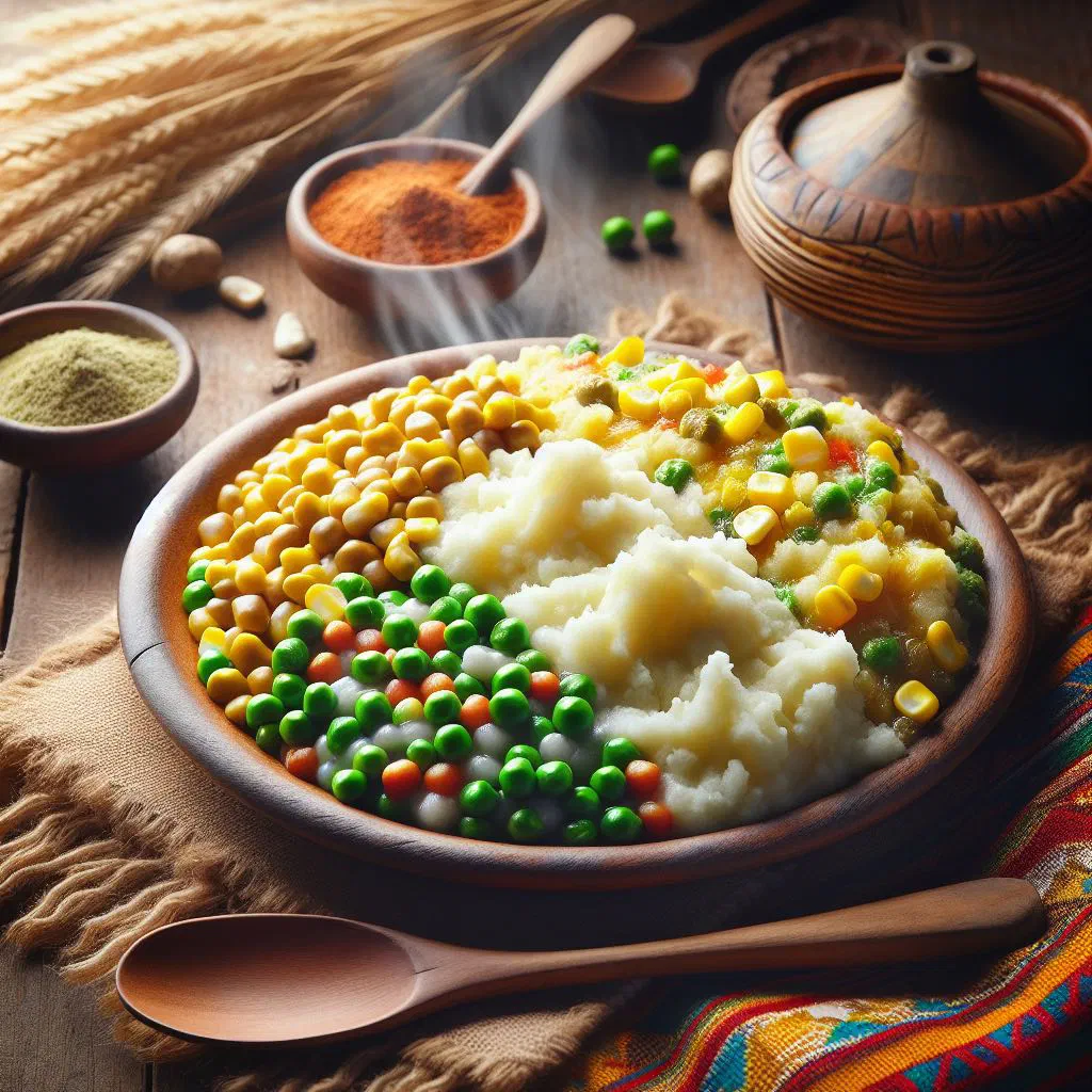 Bowl of green Kenyan mukimo mash with potatoes, beans and greens