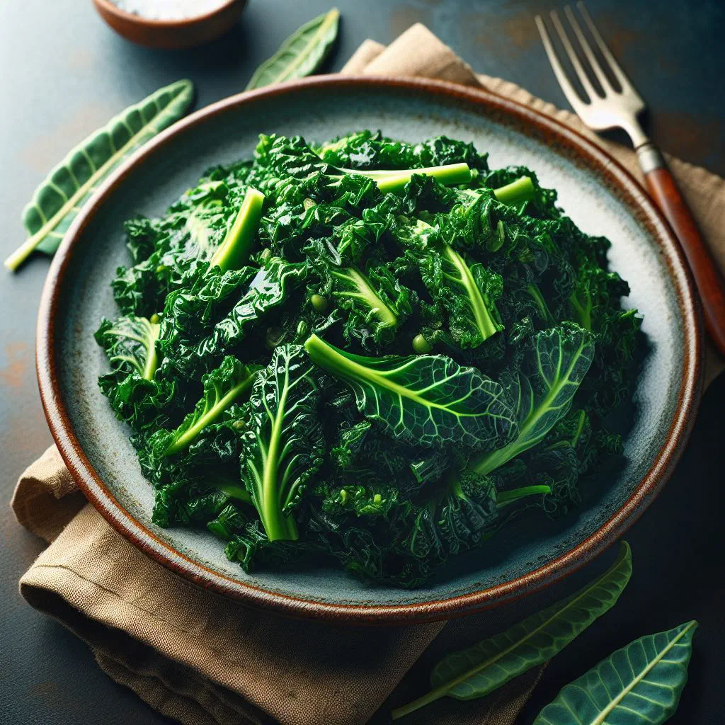 Sukuma wiki, braised collard greens with tomatoes and onions, served in a bowl