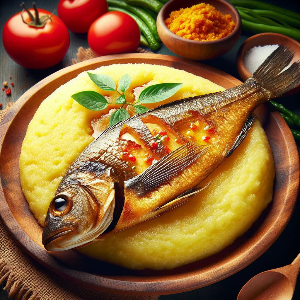 Ugali served with pan-fried fish in a tomato and onion sauce