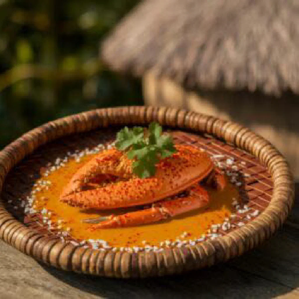 Coconut crab curry in a creamy sauce garnished with fresh coriander