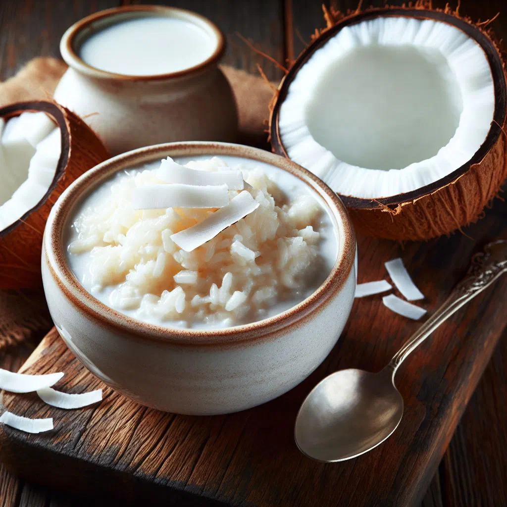 Bowl of creamy coconut rice pudding topped with fresh coconut shavings