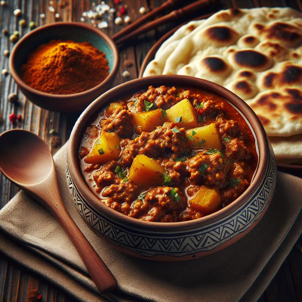 Aloo keema with spiced minced meat, potatoes and fresh coriander