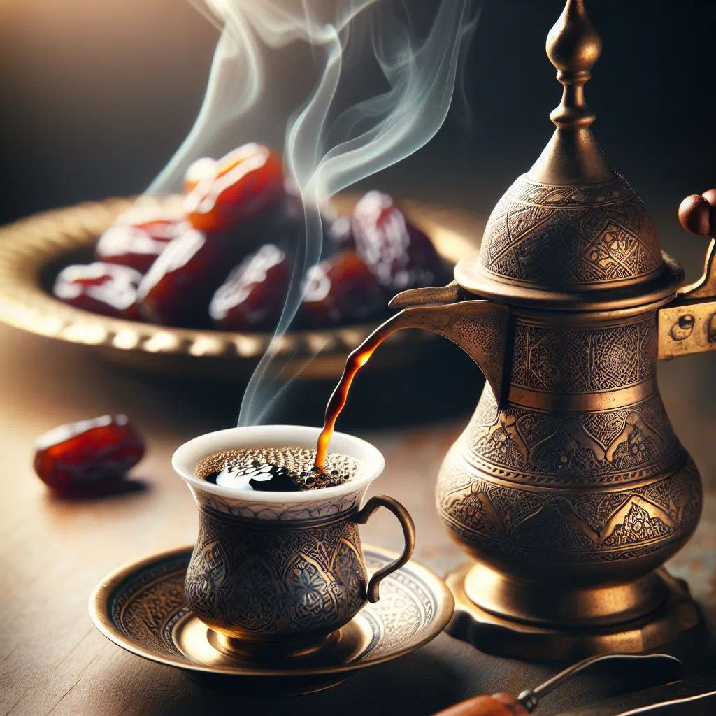 Arabic coffee poured from a dallah into small cups with dates