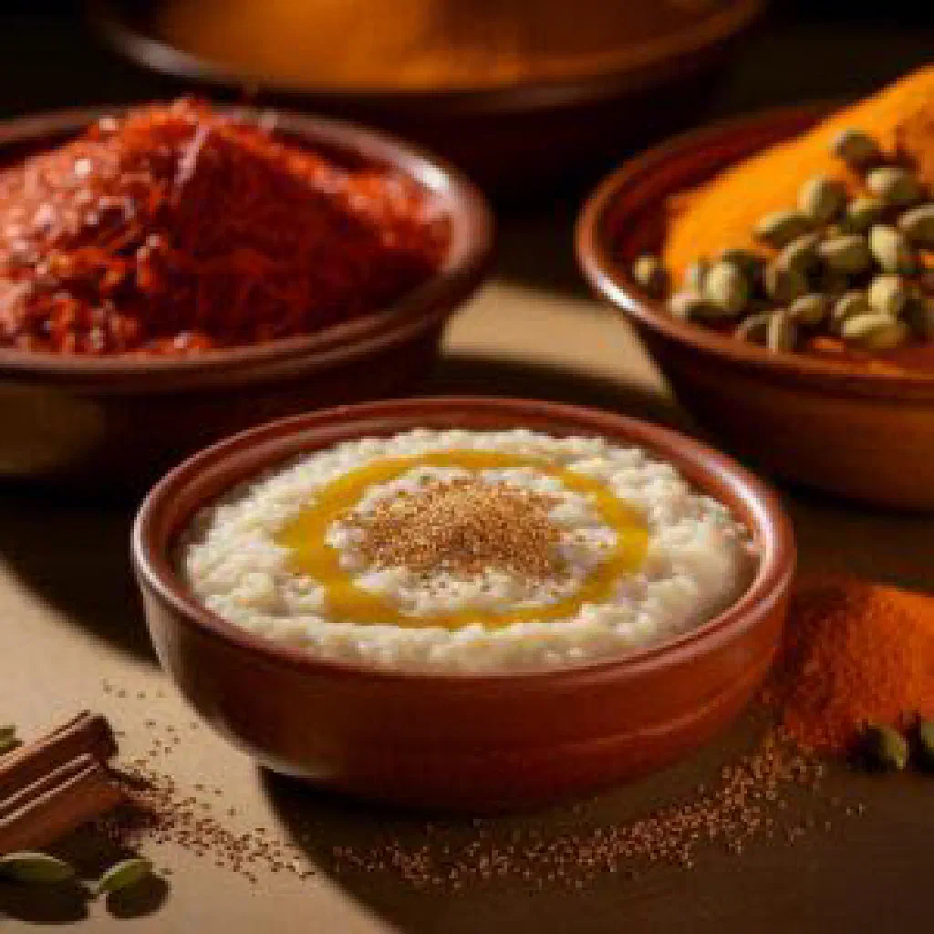 Smooth Aseeda dough in a bowl drizzled with date syrup and chopped nuts