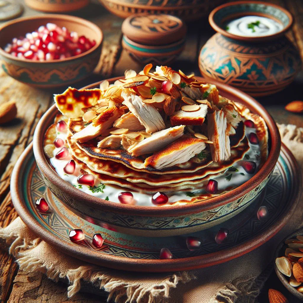 Chicken fatteh with crisp flatbread, shredded chicken and garlic yoghurt sauce