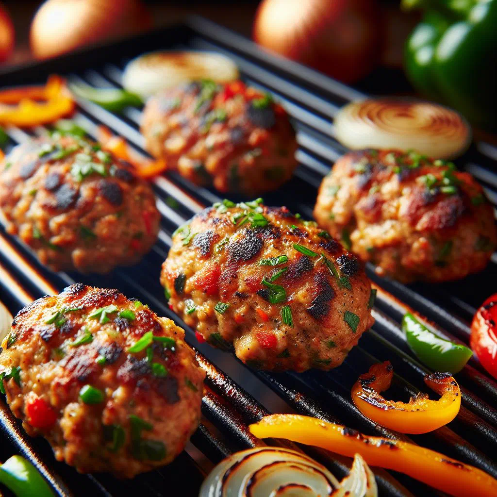 Grilled chicken kofta on a platter with yoghurt dip and flatbread