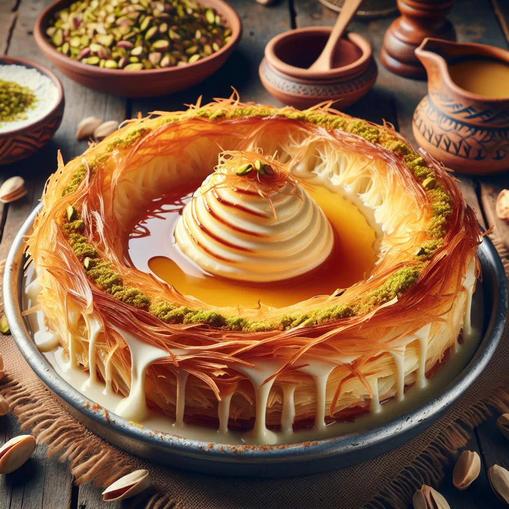 Golden baked cream kunafa topped with chopped pistachios and sugar syrup