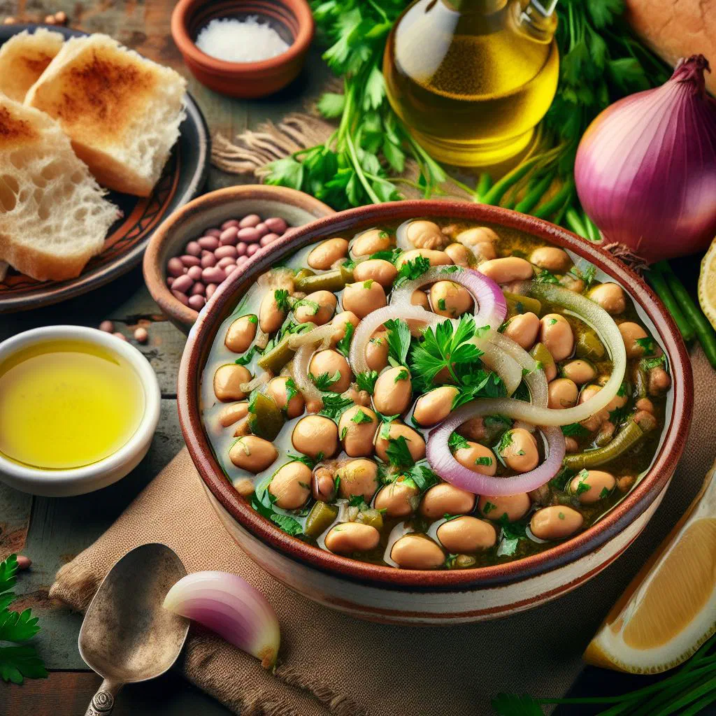 Bowl of foul medames with olive oil, lemon and fresh parsley