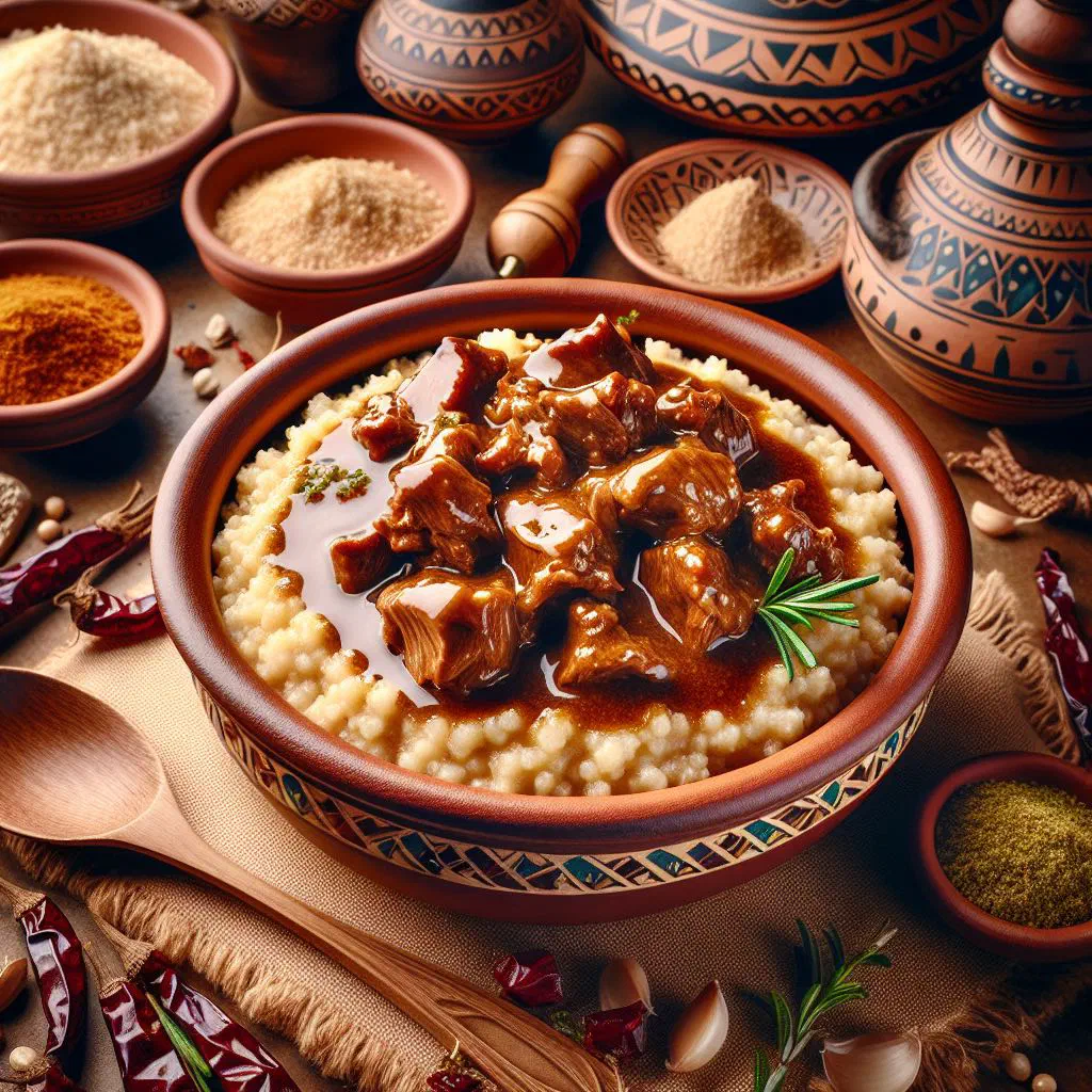 Creamy Kuwaiti jareesh of cracked wheat and tender meat in a shallow bowl