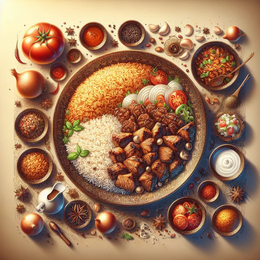 Kabsa rice with spiced chicken, almonds and raisins on a large platter