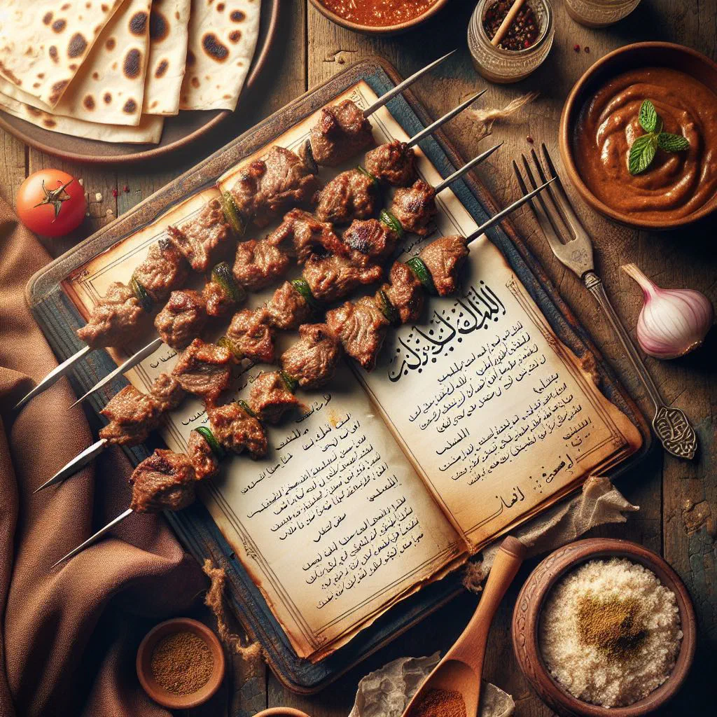 Grilled kebab hindi skewers with warm flatbread and dips