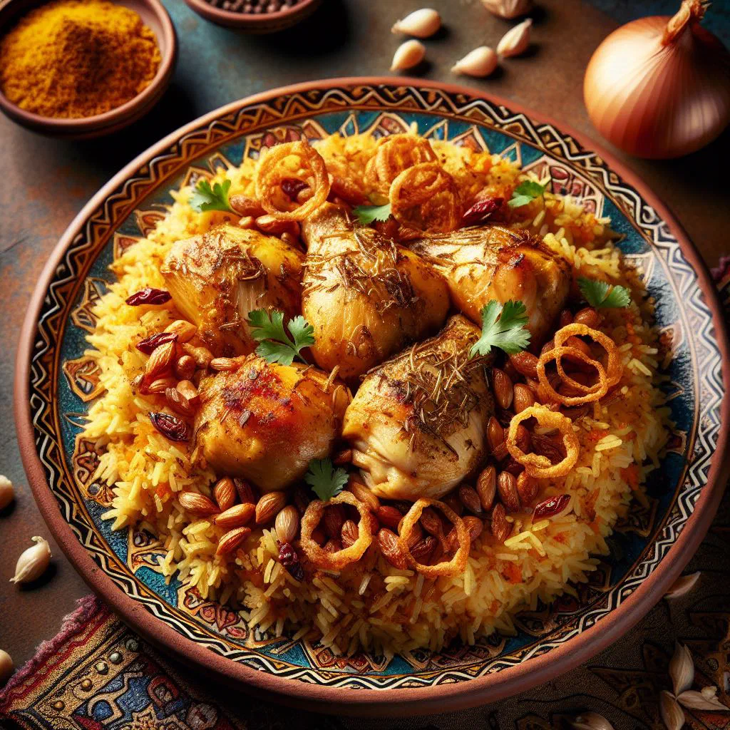 Khabsa djaj with spiced chicken on golden basmati rice, garnished with coriander