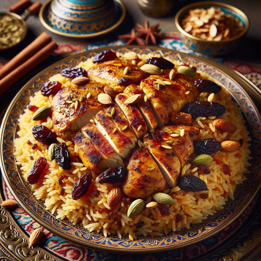 Khabsa with spiced rice, tender meat, raisins and roasted nuts