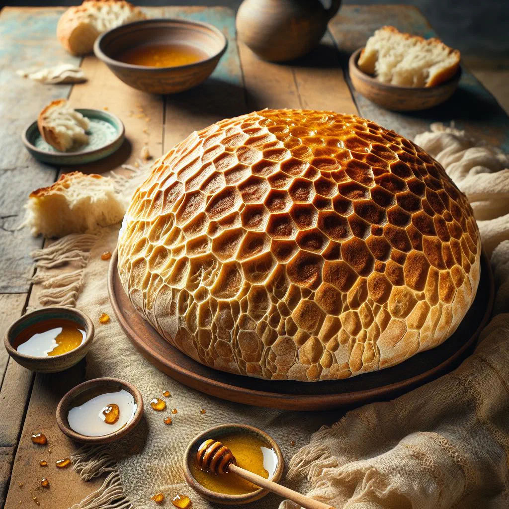 Round golden khameer flatbreads fresh from the oven
