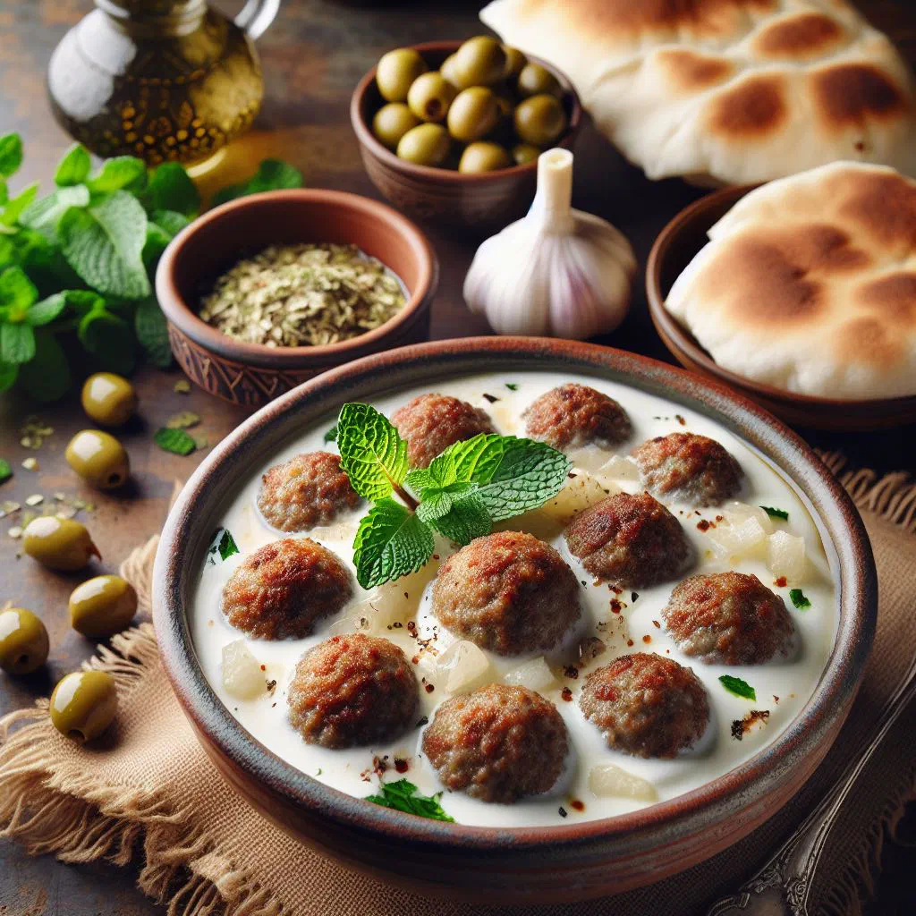 Kibbeh bil laban — bulgur and meat dumplings in a creamy yoghurt sauce, garnished with mint