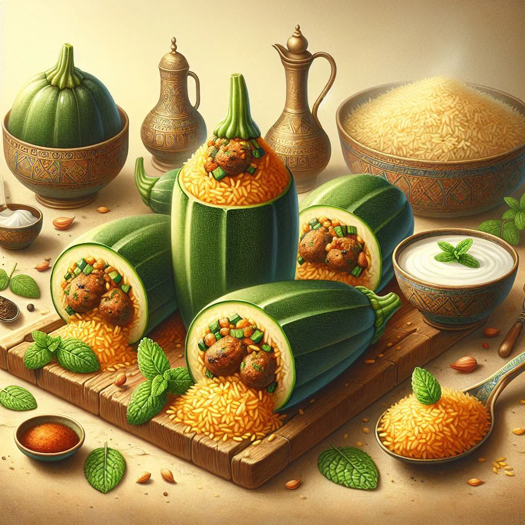 Stuffed courgettes in tomato sauce served with yoghurt