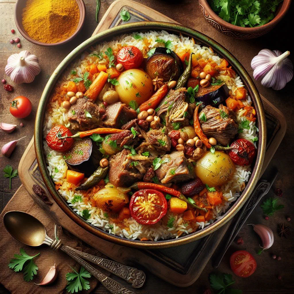 Maglooba upturned onto a platter with rice, meat and vegetables, garnished with coriander
