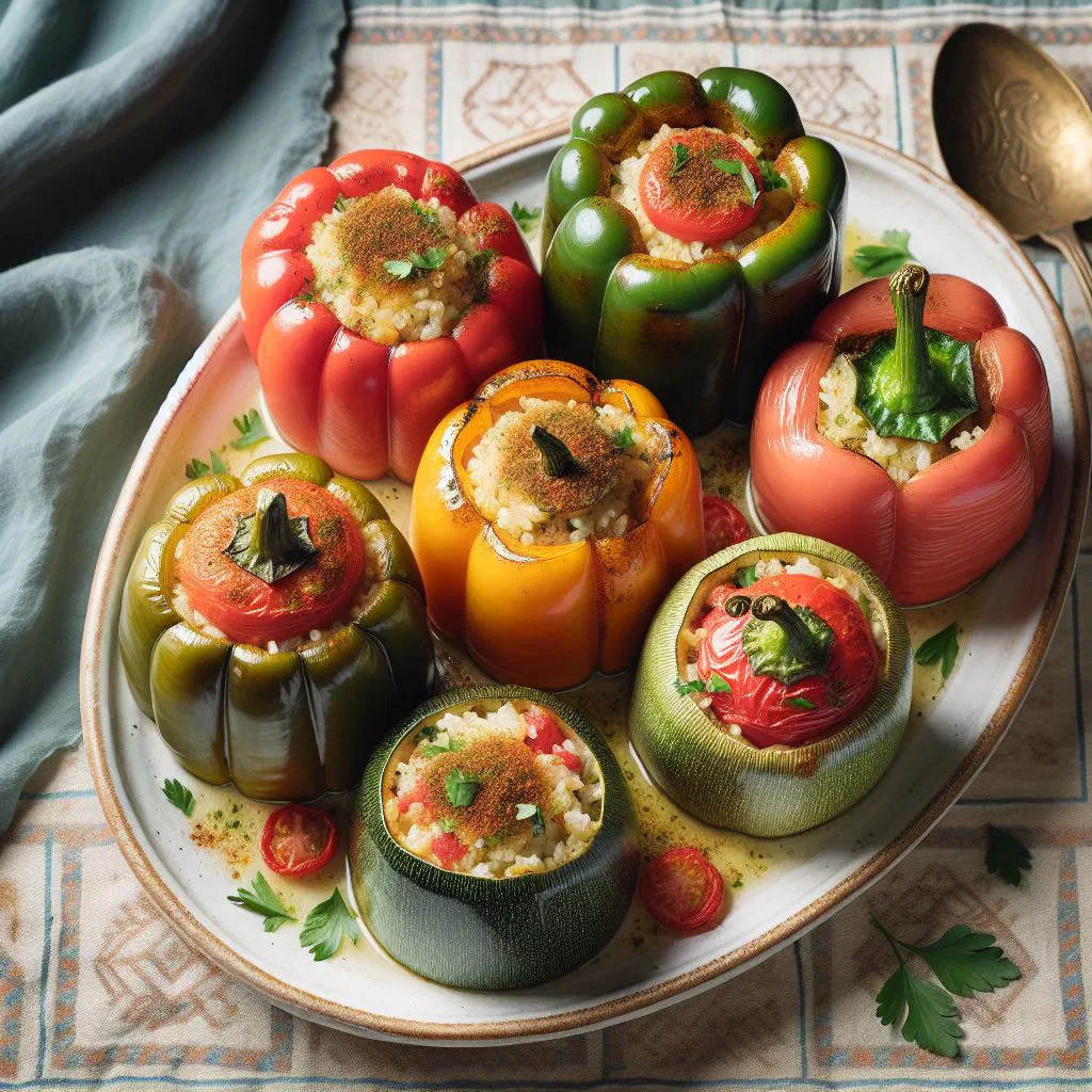 Stuffed aubergines and courgettes filled with spiced rice and minced meat