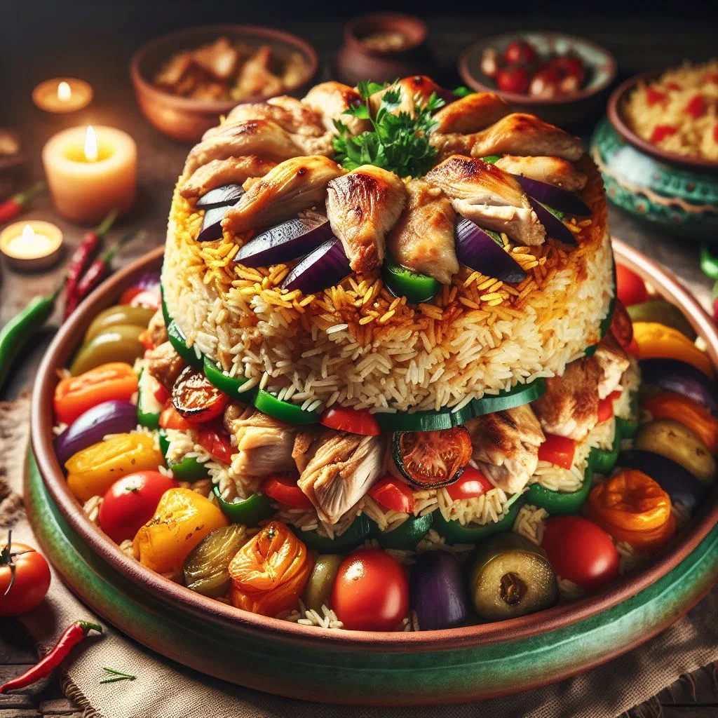Upturned maklouba with chicken, rice and vegetables on a large platter, garnished with parsley
