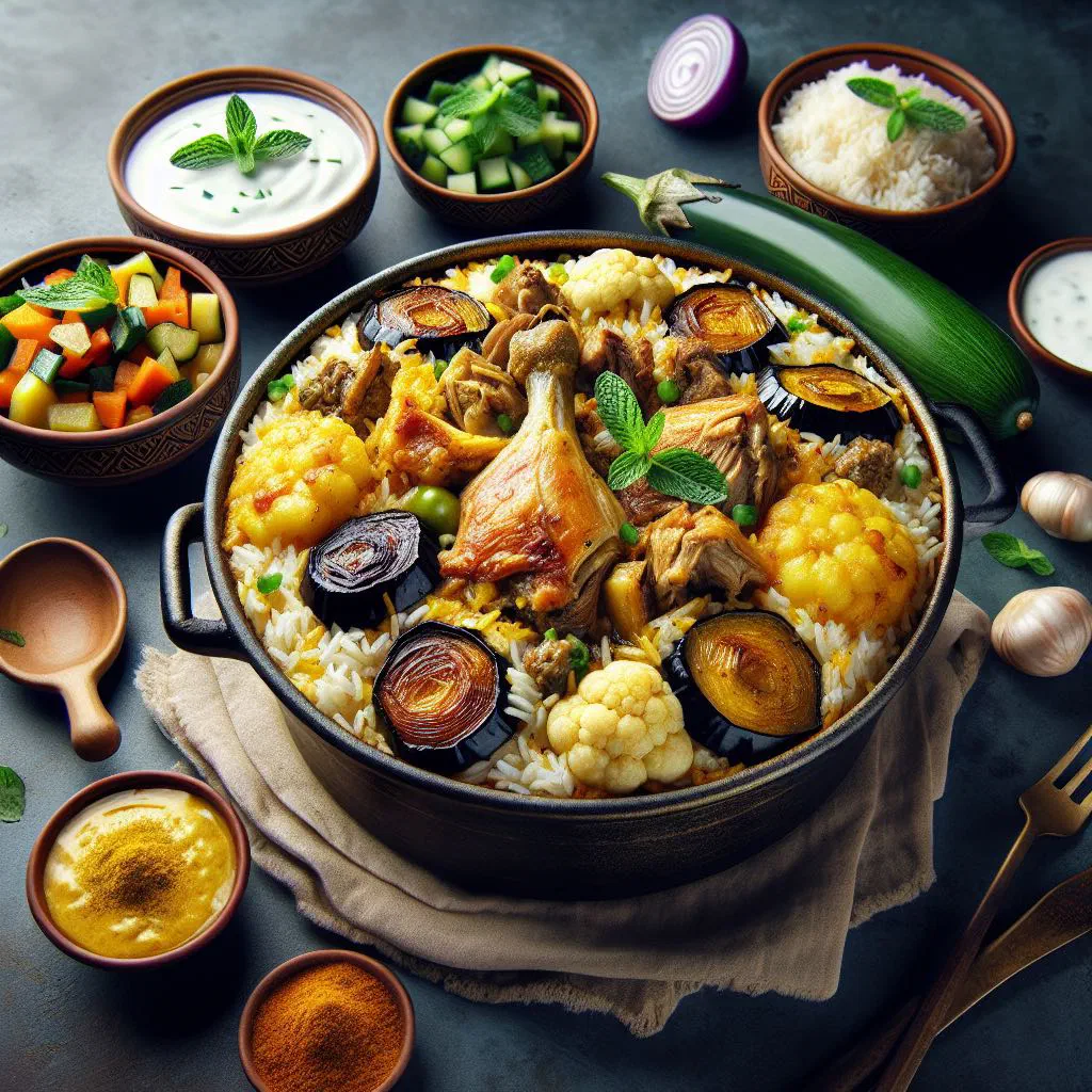 Upside-down maqluba rice cake with lamb, aubergine and fresh herbs on a platter