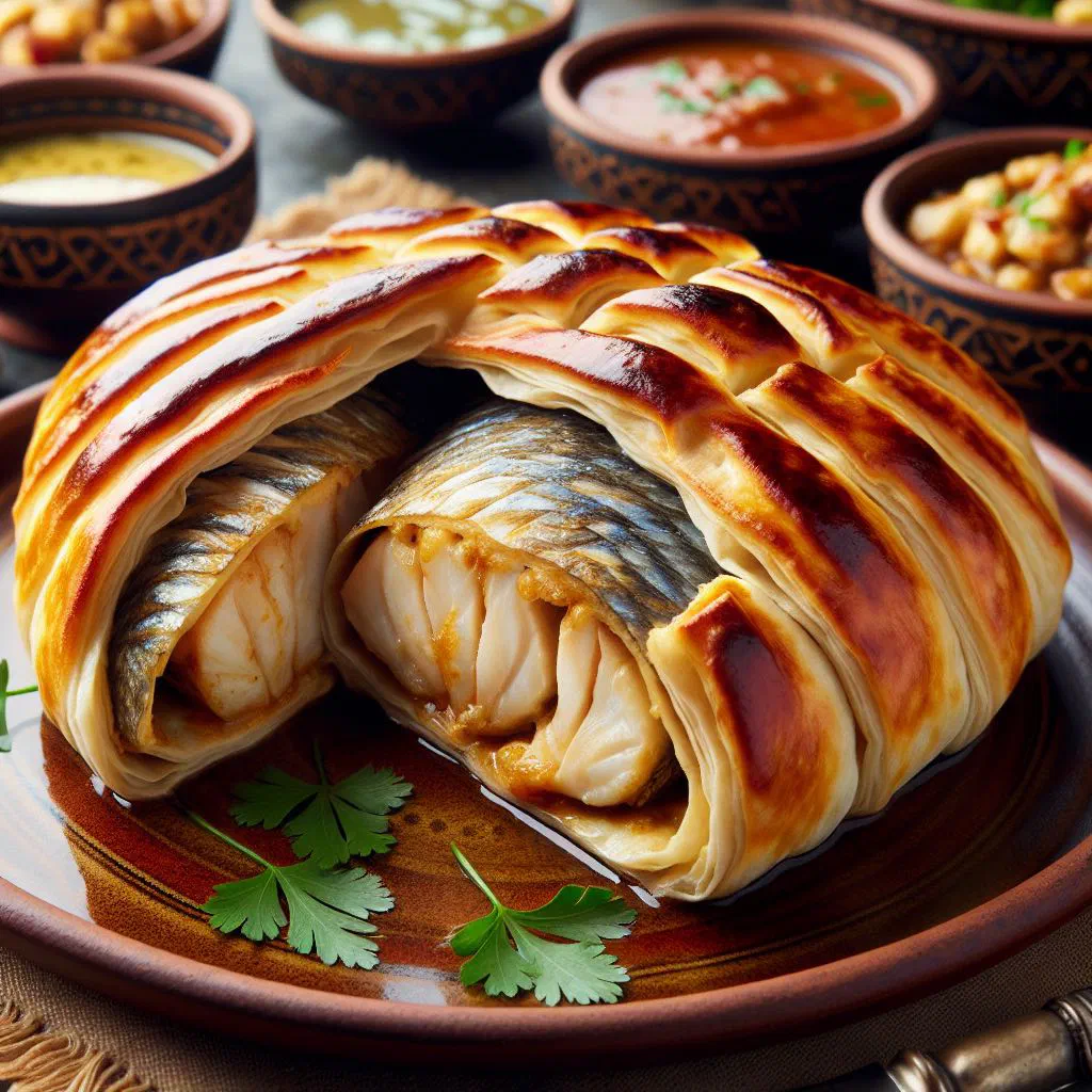 Golden fried Mutabbaq Samak pastry filled with spiced fish, served with lemon
