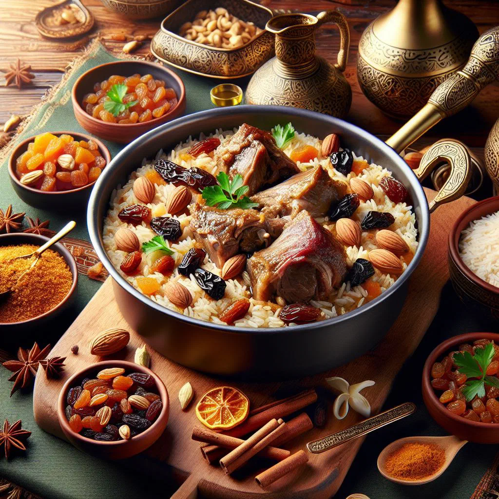 Qouzi with spiced lamb on basmati rice, garnished with almonds and raisins
