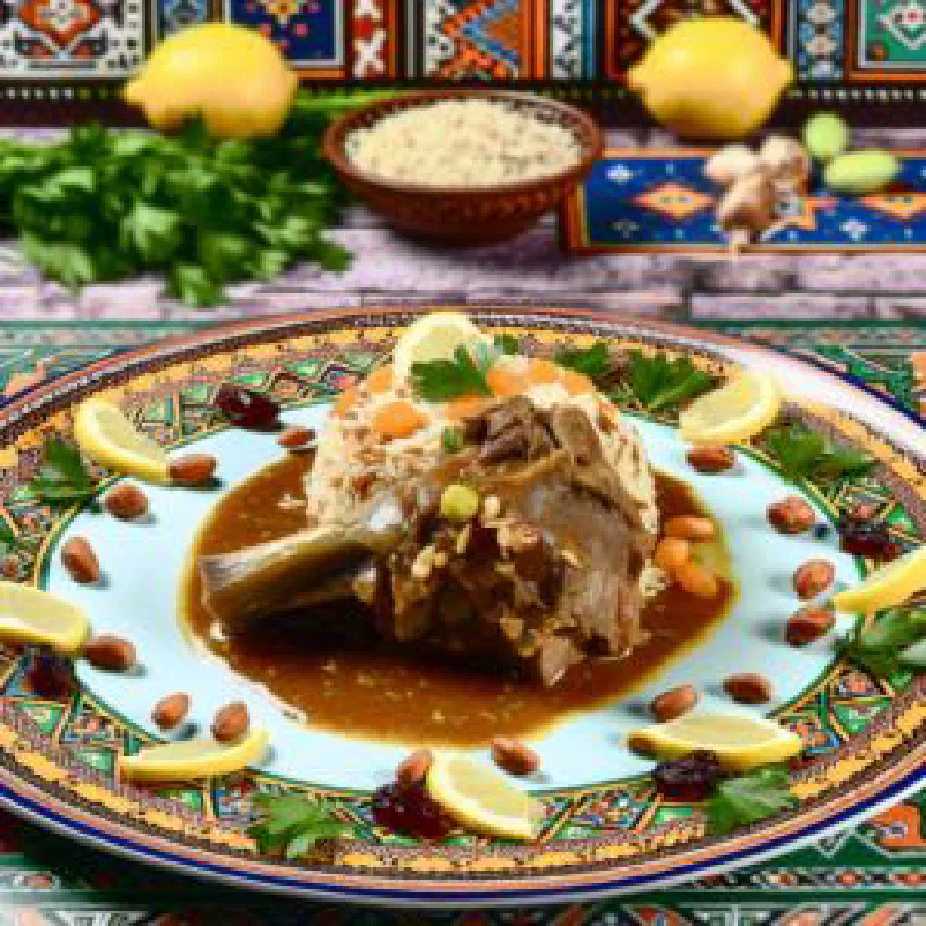 Quzi with spiced rice, tender lamb and roasted nuts on a serving platter