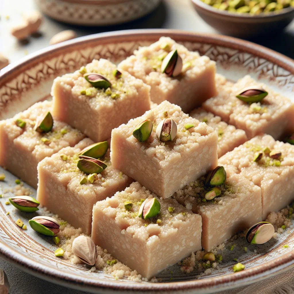 Squares of rahash sesame and almond sweet arranged on a serving plate