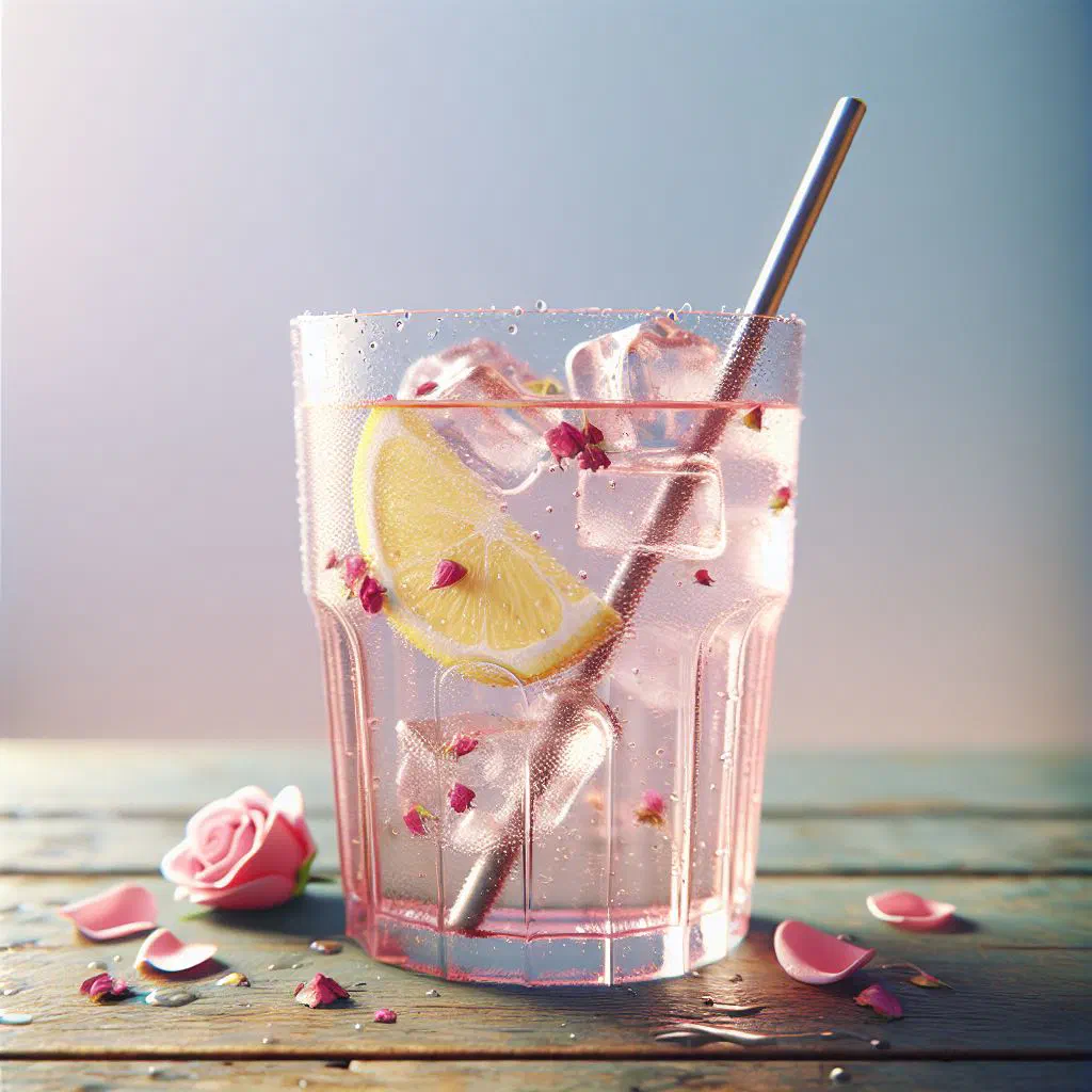 Chilled rose water lemonade in a glass with ice and rose petals