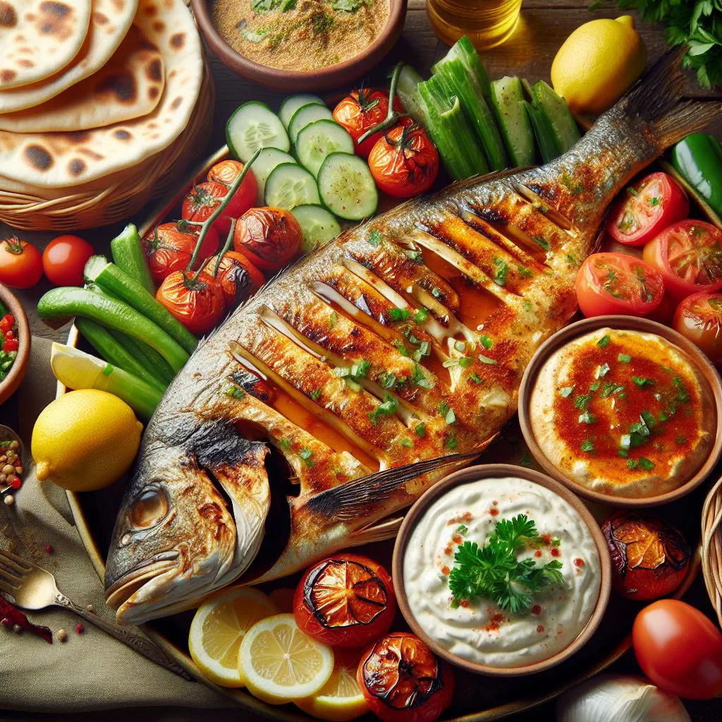 Whole grilled fish with lemon wedges and fresh herbs on a platter