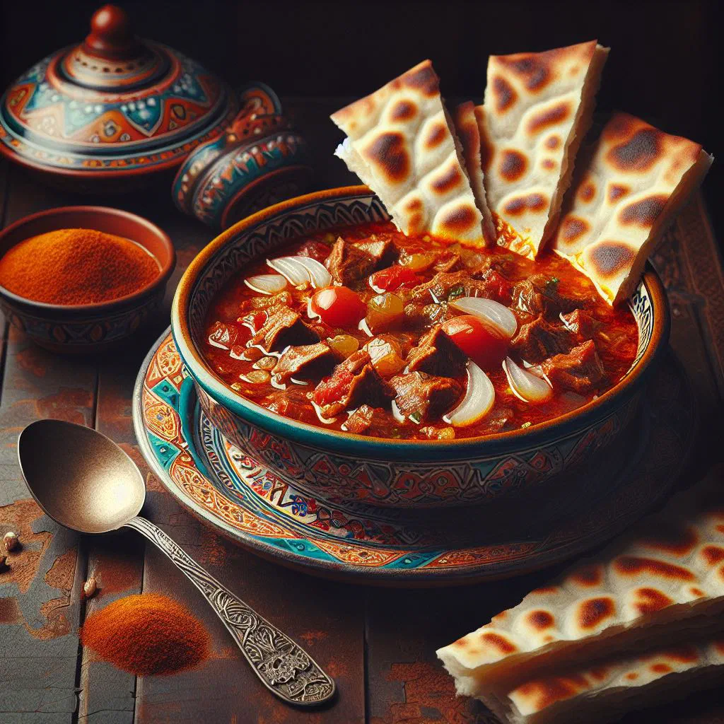 Kuwaiti thareed with tender lamb, vegetables and flatbread in a spiced broth